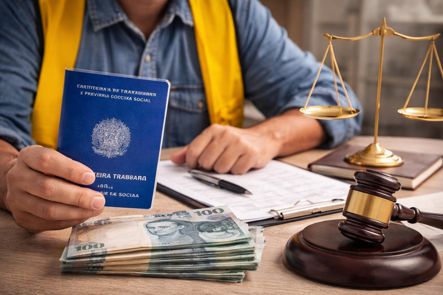 Direitos trabalhistas com carteira de trabalho, dinheiro e símbolo da justiça representando ação trabalhista